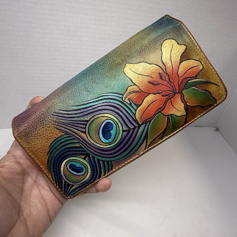 Anuschka Hand Painted Floral Peacock Feather Full Size Leather Wallet